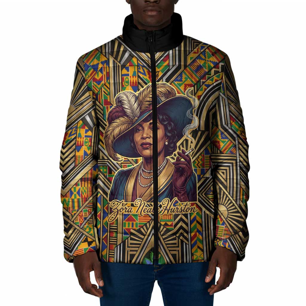 Zora Neale Hurston Padded Jacket Bold Kente and Art Deco Pattern - I Am Not Tragically Colored - African Pride