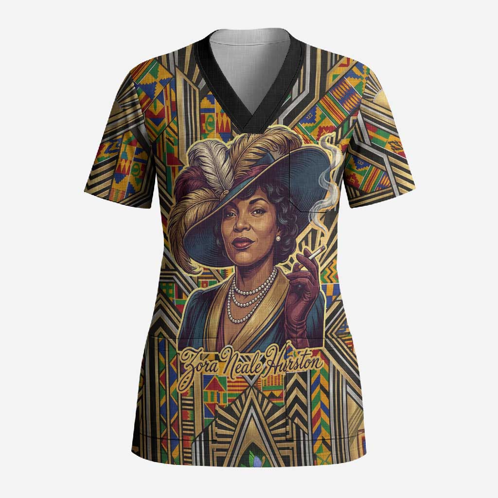 Zora Neale Hurston Scrub Top Bold Kente and Art Deco Pattern - I Am Not Tragically Colored - African Pride