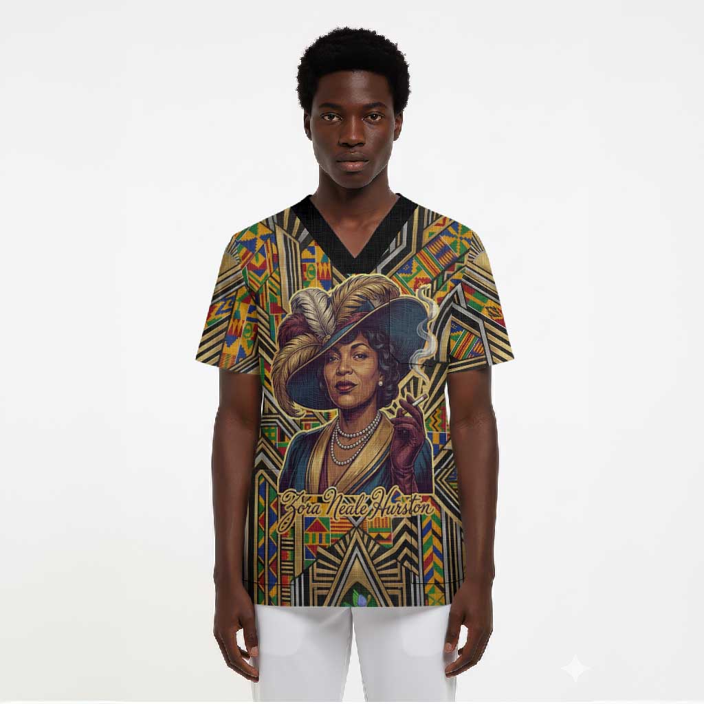 Zora Neale Hurston Scrub Top Bold Kente and Art Deco Pattern - I Am Not Tragically Colored - African Pride