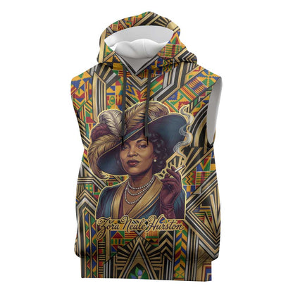 Zora Neale Hurston Sleeveless Hoodie Bold Kente and Art Deco Pattern - I Am Not Tragically Colored - African Pride