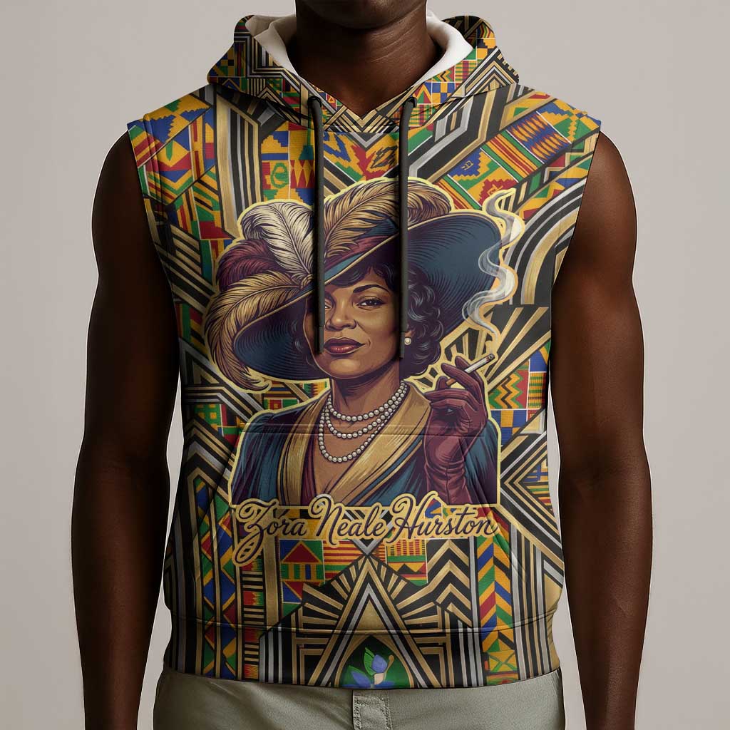 Zora Neale Hurston Sleeveless Hoodie Bold Kente and Art Deco Pattern - I Am Not Tragically Colored - African Pride