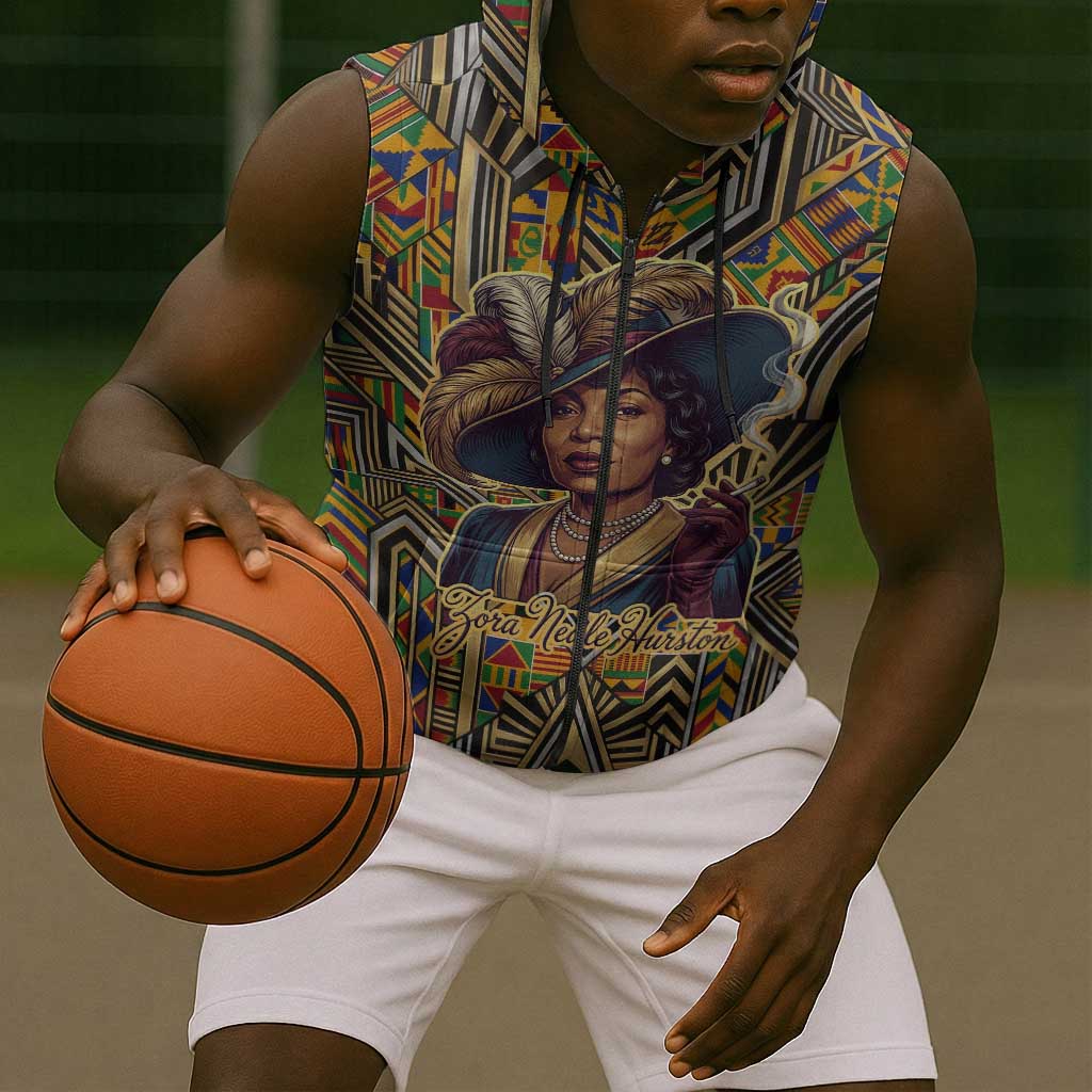 Zora Neale Hurston Sleeveless Zip Hoodie Bold Kente and Art Deco Pattern - I Am Not Tragically Colored - African Pride