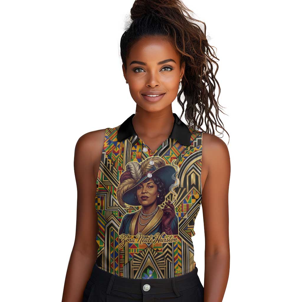 Zora Neale Hurston Women Sleeveless Polo Shirt Bold Kente and Art Deco Pattern - I Am Not Tragically Colored - African Pride
