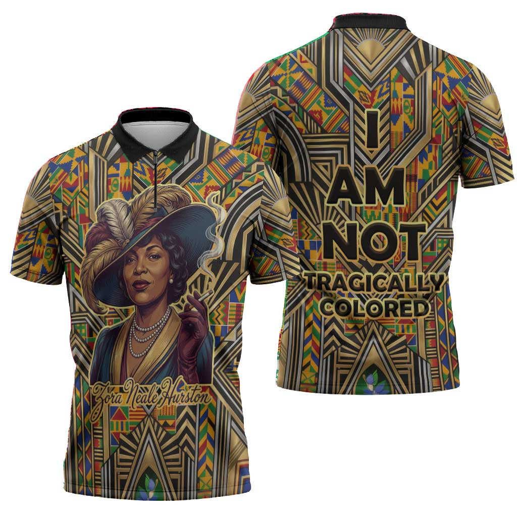 Zora Neale Hurston Zipper Polo Shirt Bold Kente and Art Deco Pattern - I Am Not Tragically Colored - African Pride