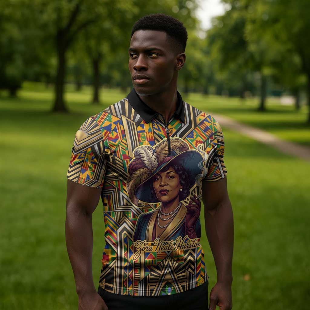 Zora Neale Hurston Zipper Polo Shirt Bold Kente and Art Deco Pattern - I Am Not Tragically Colored - African Pride