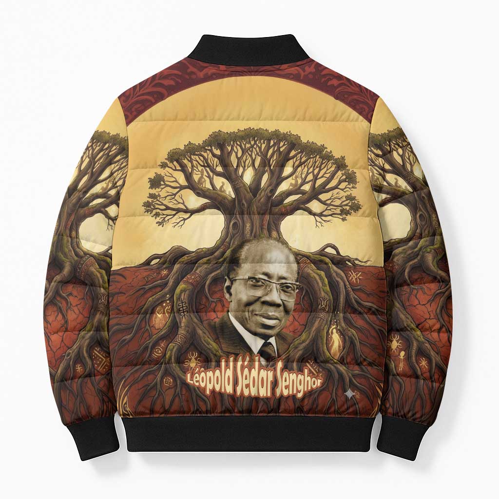 Léopold Sédar Senghor Bomber Puffer Jacket Sacred Baobab Tree Design African Roots and Symbols Theme Negritude Movement - African Pride