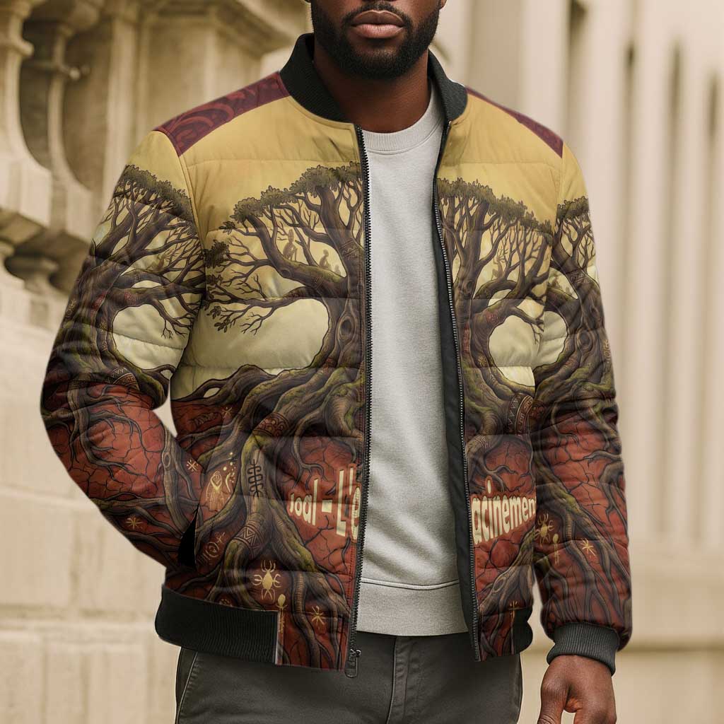Léopold Sédar Senghor Bomber Puffer Jacket Sacred Baobab Tree Design African Roots and Symbols Theme Negritude Movement - African Pride