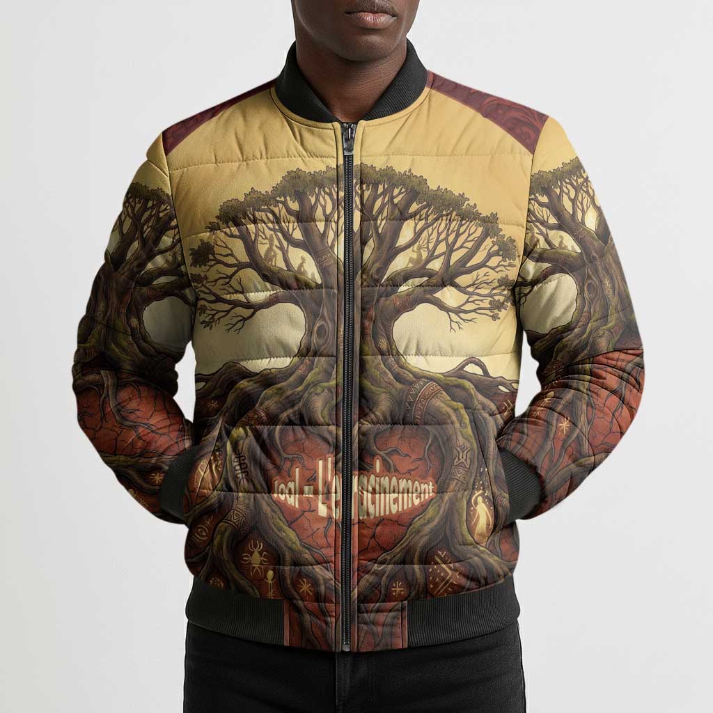 Léopold Sédar Senghor Bomber Puffer Jacket Sacred Baobab Tree Design African Roots and Symbols Theme Negritude Movement - African Pride