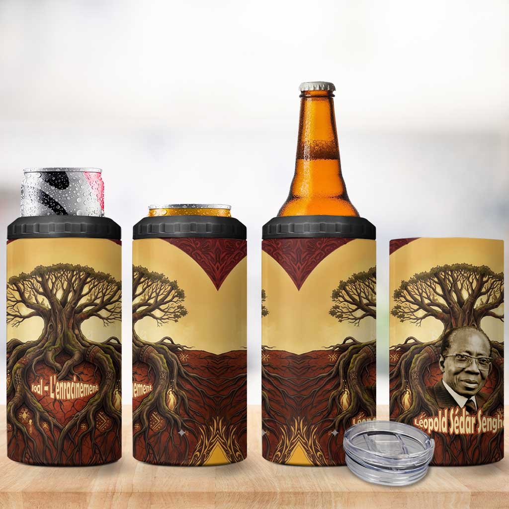 Léopold Sédar Senghor 4 in 1 Can Cooler Tumbler Sacred Baobab Tree Design African Roots and Symbols Theme Negritude Movement - African Pride