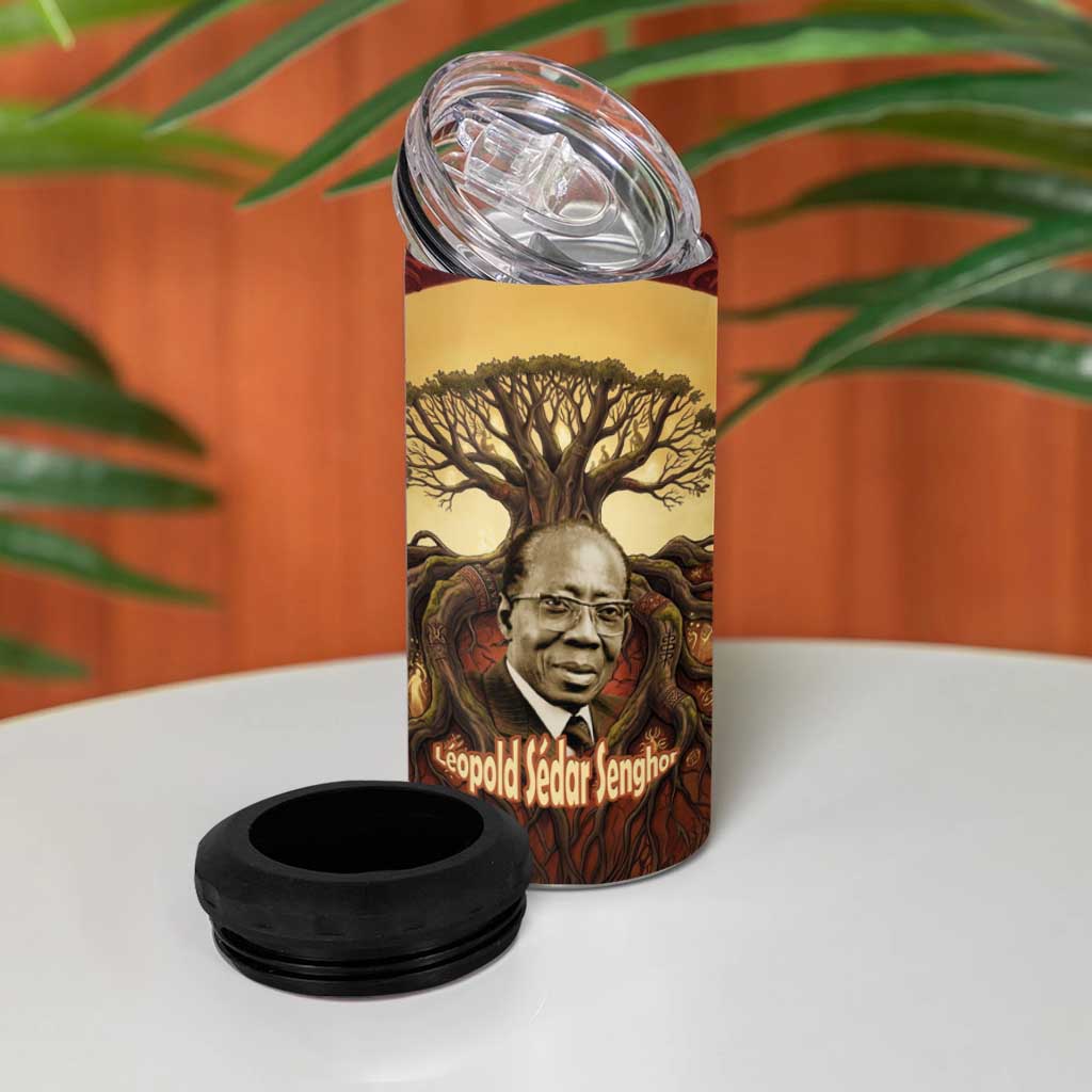 Léopold Sédar Senghor 4 in 1 Can Cooler Tumbler Sacred Baobab Tree Design African Roots and Symbols Theme Negritude Movement - African Pride
