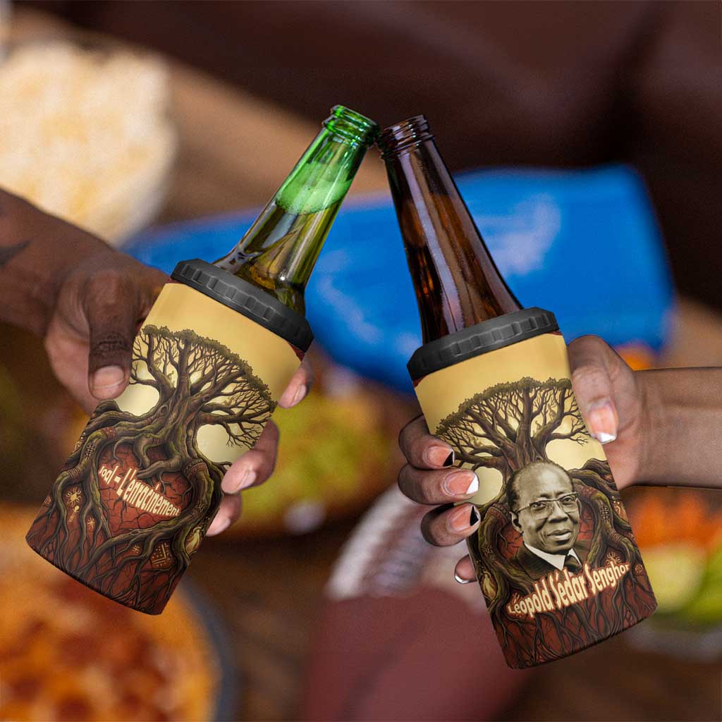 Léopold Sédar Senghor 4 in 1 Can Cooler Tumbler Sacred Baobab Tree Design African Roots and Symbols Theme Negritude Movement - African Pride