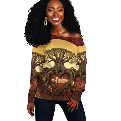 Léopold Sédar Senghor Off Shoulder Sweater Sacred Baobab Tree Design African Roots and Symbols Theme Negritude Movement - African Pride