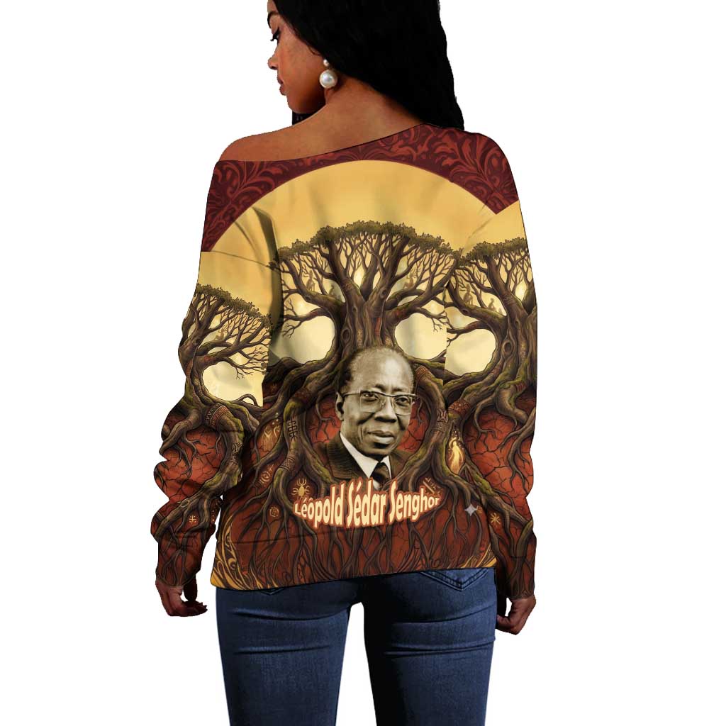 Léopold Sédar Senghor Off Shoulder Sweater Sacred Baobab Tree Design African Roots and Symbols Theme Negritude Movement - African Pride