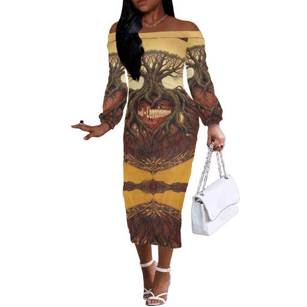 Léopold Sédar Senghor Off The Shoulder Long Sleeve Dress Sacred Baobab Tree Design African Roots and Symbols Theme Negritude Movement - African Pride
