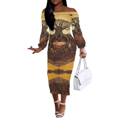 Léopold Sédar Senghor Off The Shoulder Long Sleeve Dress Sacred Baobab Tree Design African Roots and Symbols Theme Negritude Movement - African Pride