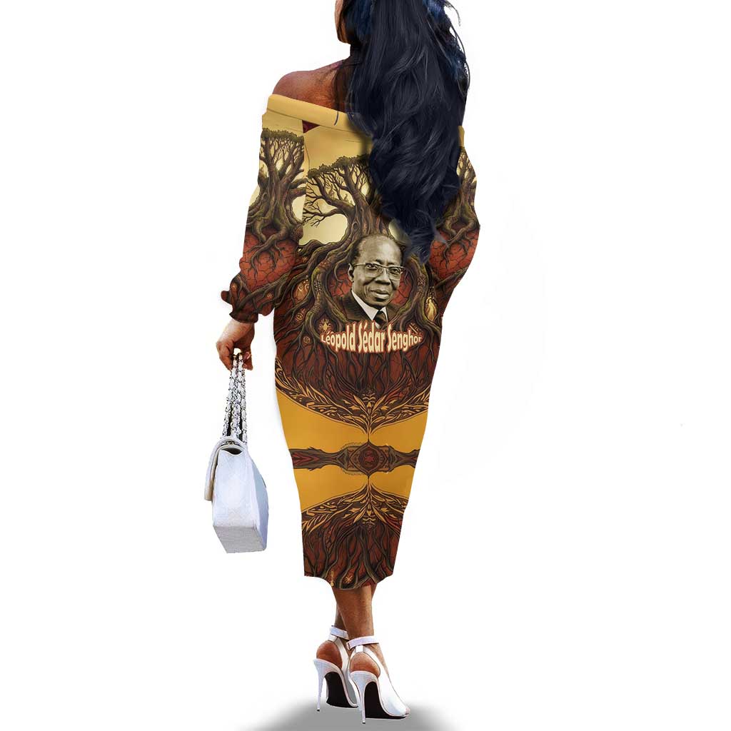 Léopold Sédar Senghor Off The Shoulder Long Sleeve Dress Sacred Baobab Tree Design African Roots and Symbols Theme Negritude Movement - African Pride