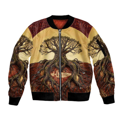 Léopold Sédar Senghor Sleeve Zip Bomber Jacket Sacred Baobab Tree Design African Roots and Symbols Theme Negritude Movement - African Pride