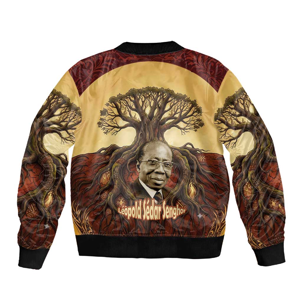 Léopold Sédar Senghor Sleeve Zip Bomber Jacket Sacred Baobab Tree Design African Roots and Symbols Theme Negritude Movement - African Pride