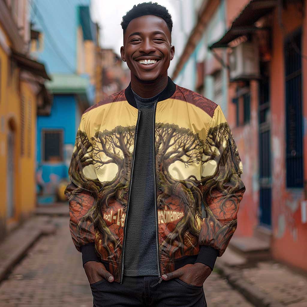 Léopold Sédar Senghor Sleeve Zip Bomber Jacket Sacred Baobab Tree Design African Roots and Symbols Theme Negritude Movement - African Pride