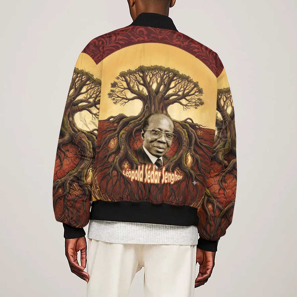 Léopold Sédar Senghor Sleeve Zip Bomber Jacket Sacred Baobab Tree Design African Roots and Symbols Theme Negritude Movement - African Pride