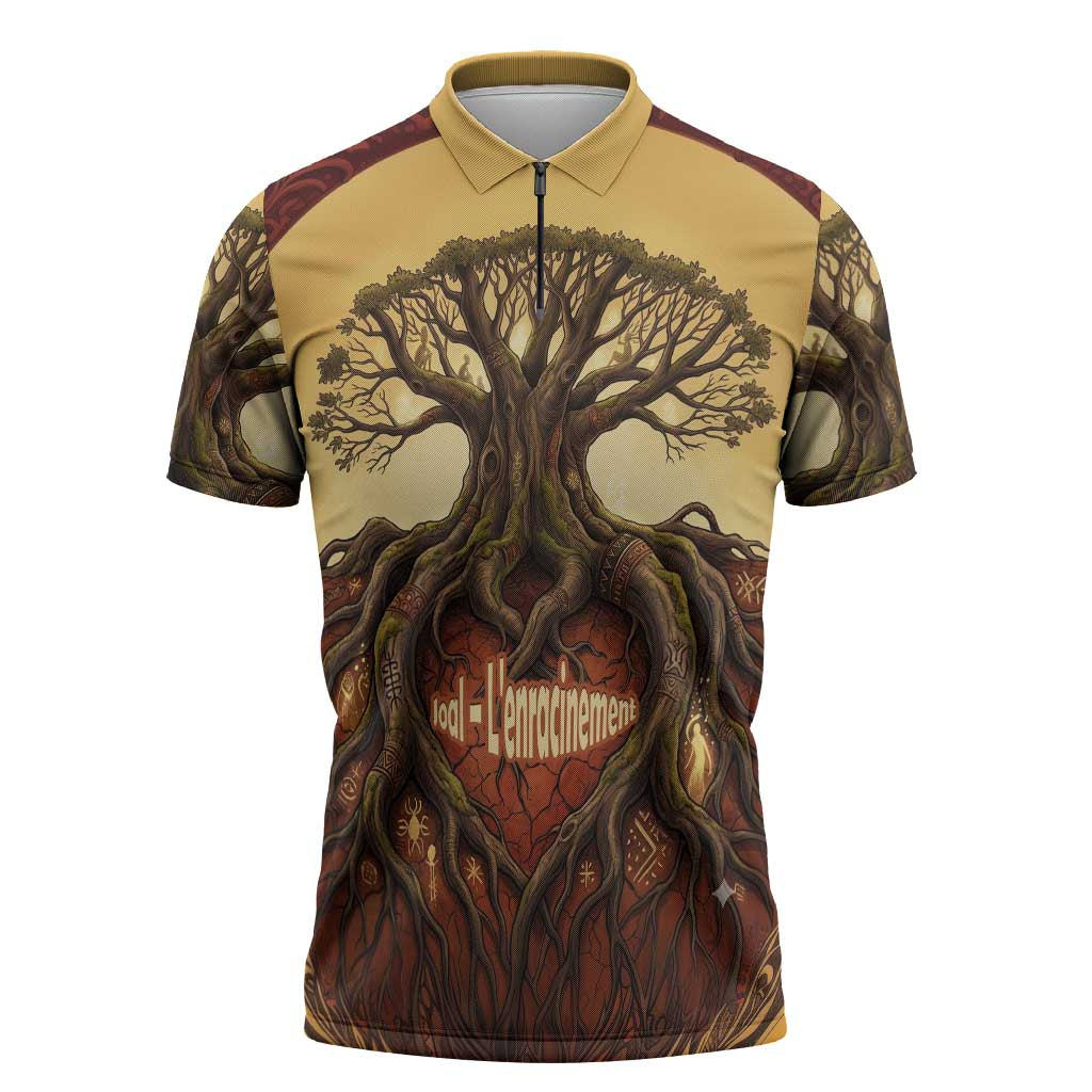 Léopold Sédar Senghor Zipper Polo Shirt Sacred Baobab Tree Design African Roots and Symbols Theme Negritude Movement - African Pride