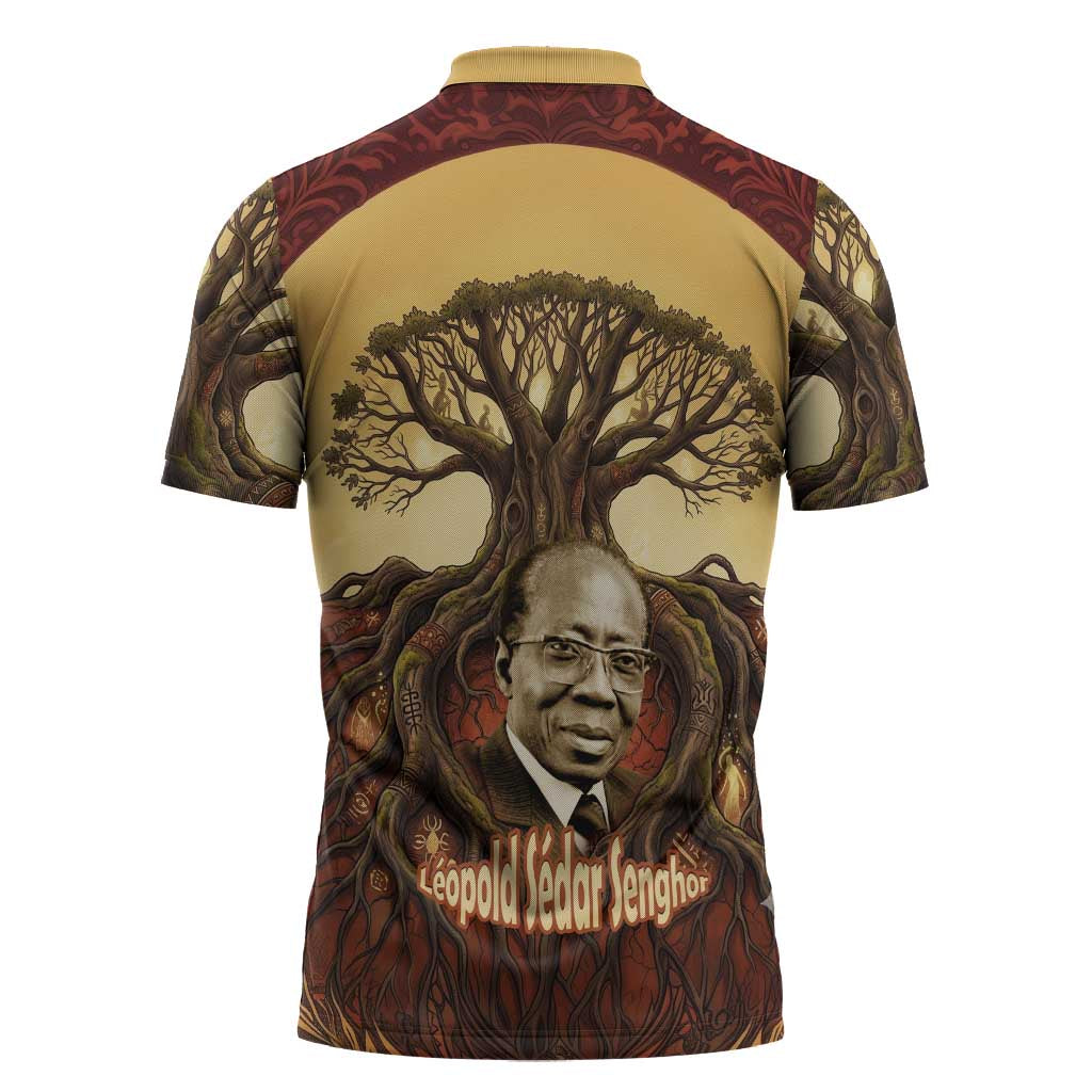 Léopold Sédar Senghor Zipper Polo Shirt Sacred Baobab Tree Design African Roots and Symbols Theme Negritude Movement - African Pride