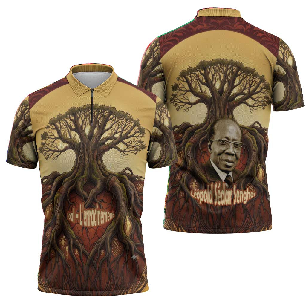 Léopold Sédar Senghor Zipper Polo Shirt Sacred Baobab Tree Design African Roots and Symbols Theme Negritude Movement - African Pride