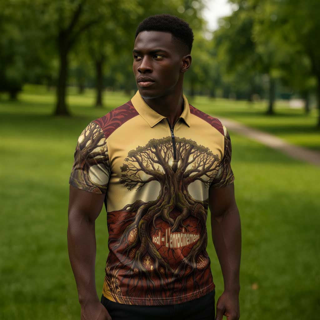 Léopold Sédar Senghor Zipper Polo Shirt Sacred Baobab Tree Design African Roots and Symbols Theme Negritude Movement - African Pride