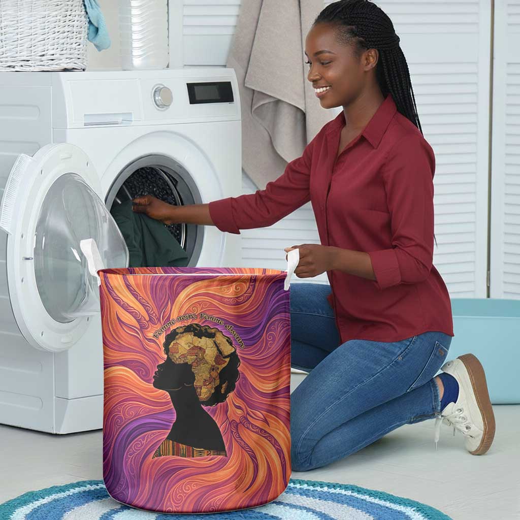 Léopold Sédar Senghor Laundry Basket Femme Noire Silhouette with Africa Map Pattern Vibrant Swirl Background - African Pride