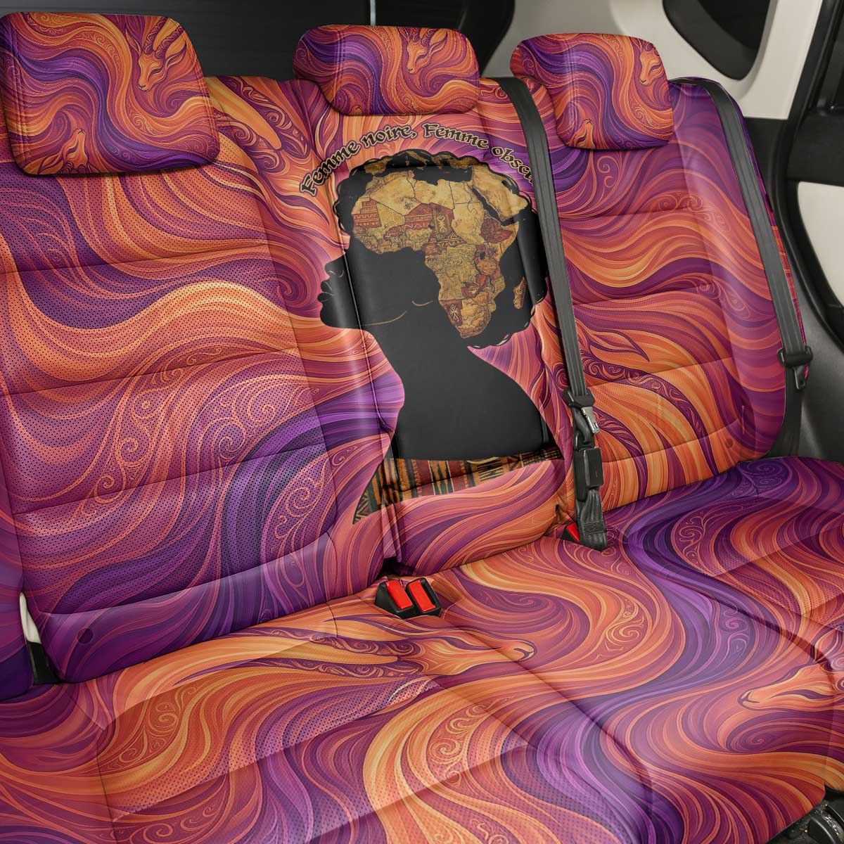 Léopold Sédar Senghor Back Car Seat Cover Femme Noire Silhouette with Africa Map Pattern Vibrant Swirl Background - African Pride