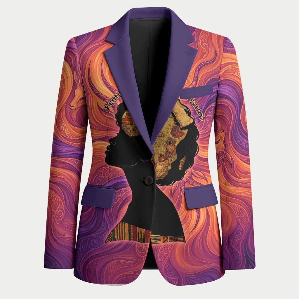 Léopold Sédar Senghor Blazer Femme Noire Silhouette with Africa Map Pattern Vibrant Swirl Background - African Pride