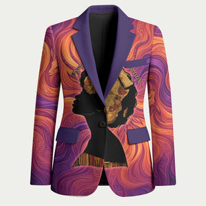 Léopold Sédar Senghor Blazer Femme Noire Silhouette with Africa Map Pattern Vibrant Swirl Background - African Pride