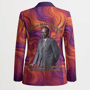 Léopold Sédar Senghor Blazer Femme Noire Silhouette with Africa Map Pattern Vibrant Swirl Background - African Pride