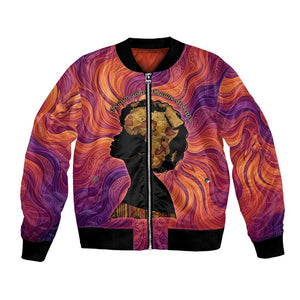 Léopold Sédar Senghor Bomber Jacket Femme Noire Silhouette with Africa Map Pattern Vibrant Swirl Background - African Pride
