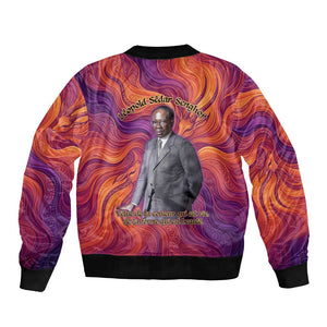 Léopold Sédar Senghor Bomber Jacket Femme Noire Silhouette with Africa Map Pattern Vibrant Swirl Background - African Pride
