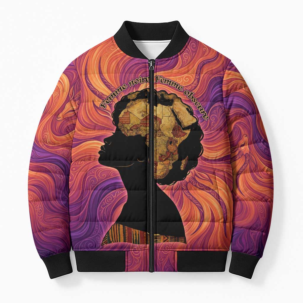 Léopold Sédar Senghor Bomber Puffer Jacket Femme Noire Silhouette with Africa Map Pattern Vibrant Swirl Background - African Pride