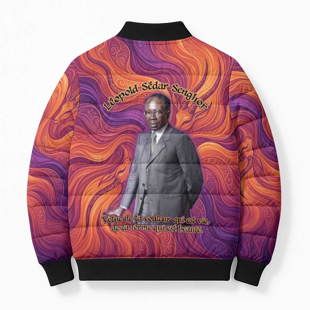 Léopold Sédar Senghor Bomber Puffer Jacket Femme Noire Silhouette with Africa Map Pattern Vibrant Swirl Background - African Pride