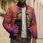 Léopold Sédar Senghor Bomber Puffer Jacket Femme Noire Silhouette with Africa Map Pattern Vibrant Swirl Background - African Pride