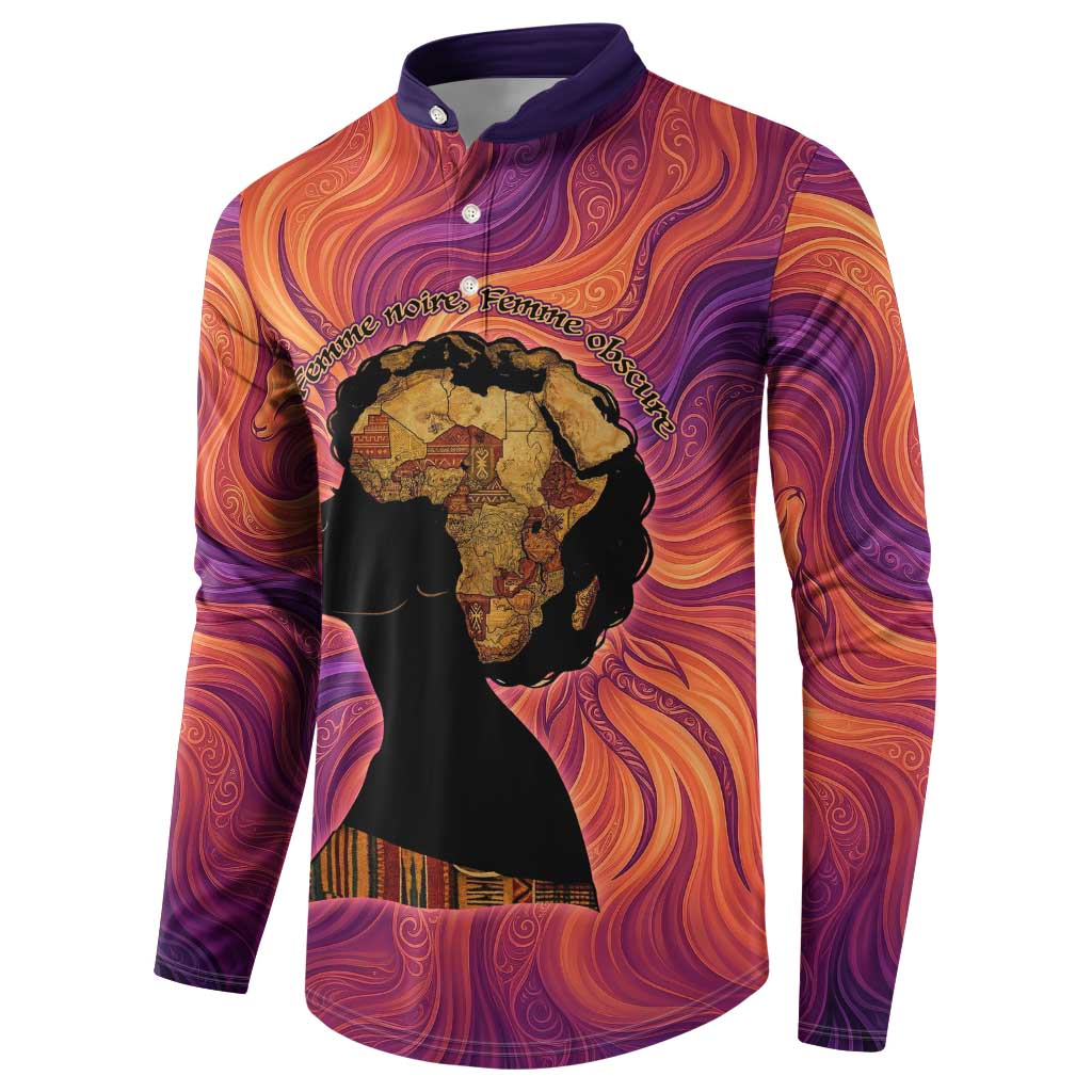 Léopold Sédar Senghor Button Sweatshirt Femme Noire Silhouette with Africa Map Pattern Vibrant Swirl Background