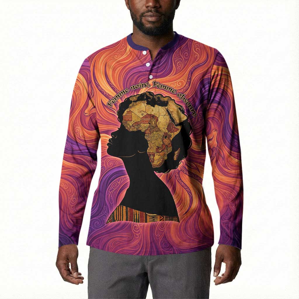 Léopold Sédar Senghor Button Sweatshirt Femme Noire Silhouette with Africa Map Pattern Vibrant Swirl Background