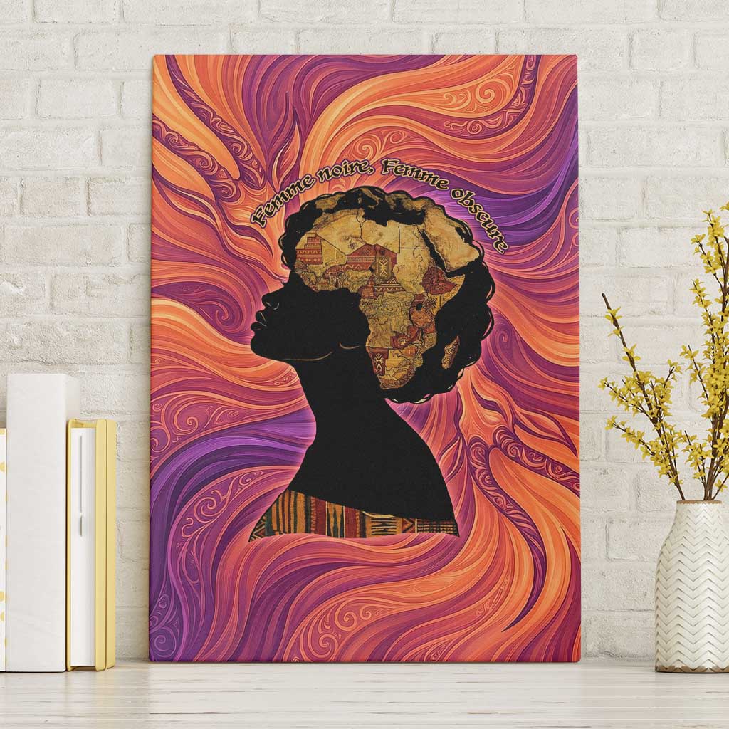 Léopold Sédar Senghor Canvas Wall Art Femme Noire Silhouette with Africa Map Pattern Vibrant Swirl Background - African Pride