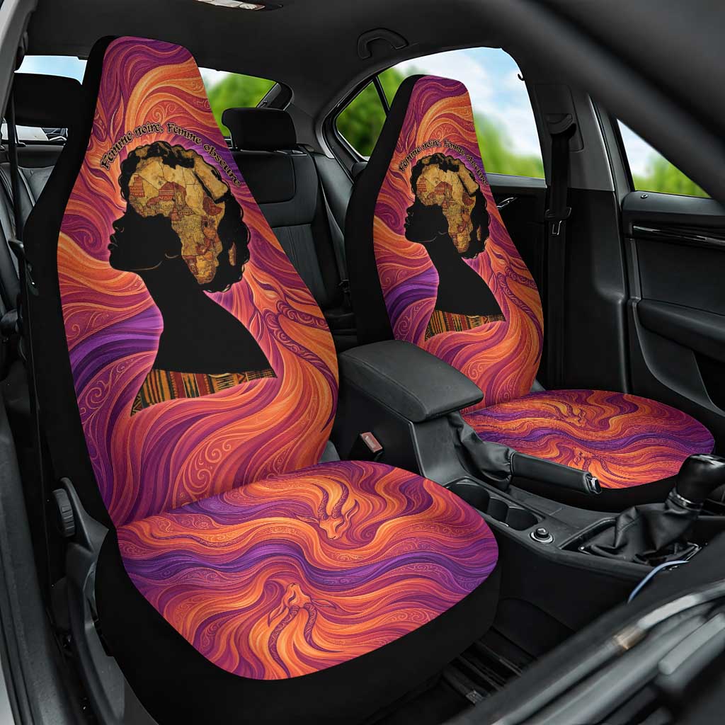 Léopold Sédar Senghor Car Seat Cover Femme Noire Silhouette with Africa Map Pattern Vibrant Swirl Background - African Pride