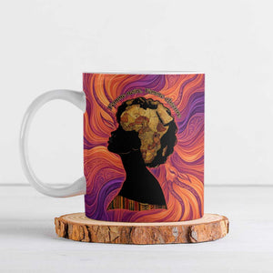 Léopold Sédar Senghor Ceramic Mug Femme Noire Silhouette with Africa Map Pattern Vibrant Swirl Background - African Pride