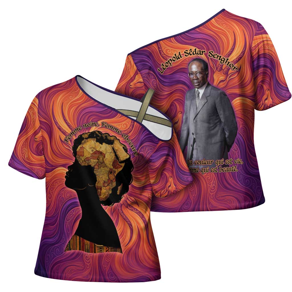 Léopold Sédar Senghor Cross Shoulder Shirt Femme Noire Silhouette with Africa Map Pattern Vibrant Swirl Background - African Pride
