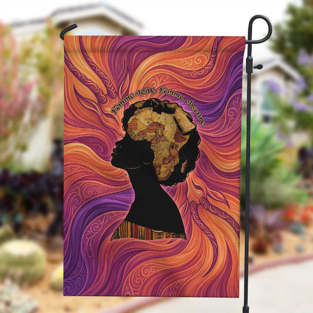 Léopold Sédar Senghor Garden Flag Femme Noire Silhouette with Africa Map Pattern Vibrant Swirl Background - African Pride