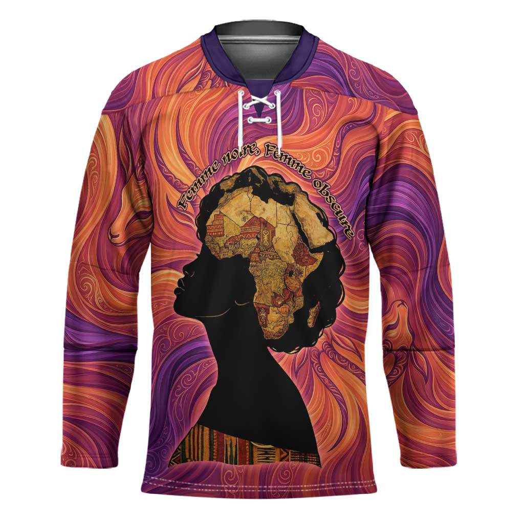 Léopold Sédar Senghor Hockey Jersey Femme Noire Silhouette with Africa Map Pattern Vibrant Swirl Background - African Pride