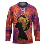 Léopold Sédar Senghor Hockey Jersey Femme Noire Silhouette with Africa Map Pattern Vibrant Swirl Background - African Pride