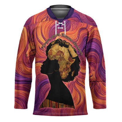 Léopold Sédar Senghor Hockey Jersey Femme Noire Silhouette with Africa Map Pattern Vibrant Swirl Background - African Pride