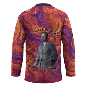 Léopold Sédar Senghor Hockey Jersey Femme Noire Silhouette with Africa Map Pattern Vibrant Swirl Background - African Pride