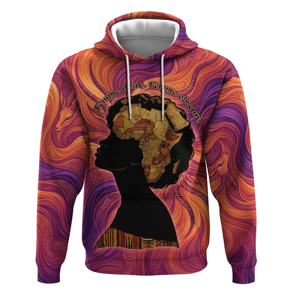Léopold Sédar Senghor Hoodie Femme Noire Silhouette with Africa Map Pattern Vibrant Swirl Background - African Pride